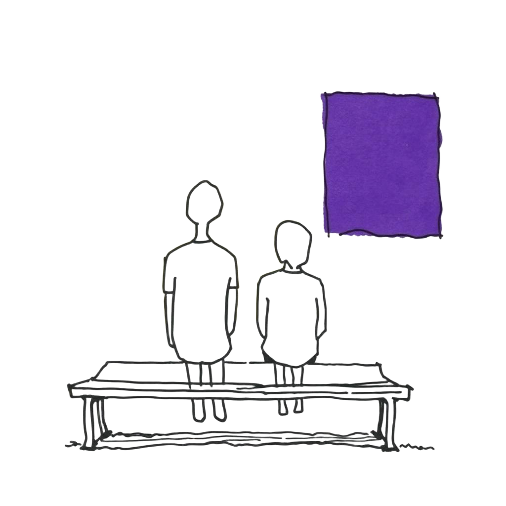 Two people drawn in ink, sitting on a bench together